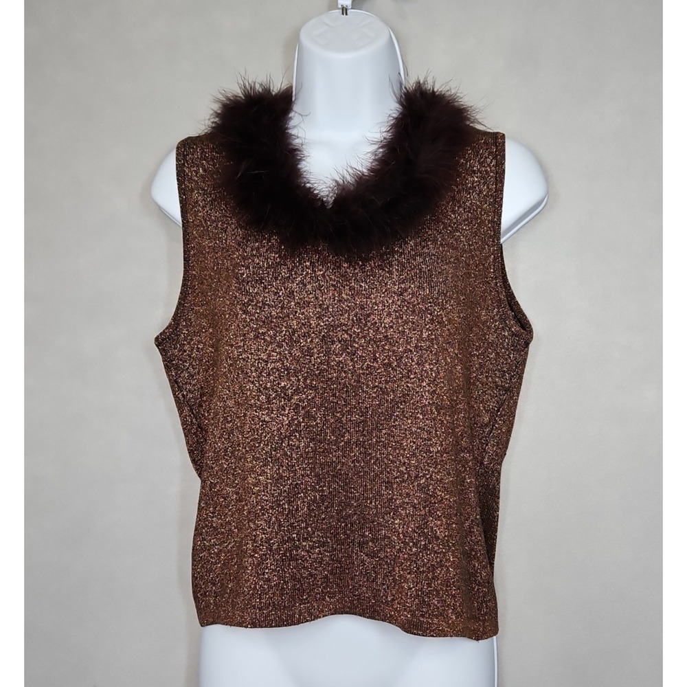 Cache Womens Brown Metallic Silk Blend Feather Collar Retro Top Size Large